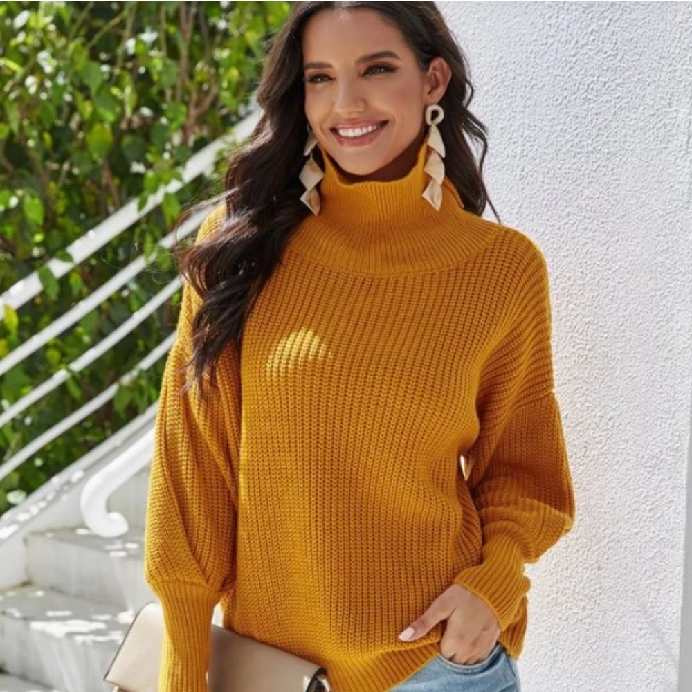 SHEIN Solid Rib-Knit Bishop Sleeve Sweater